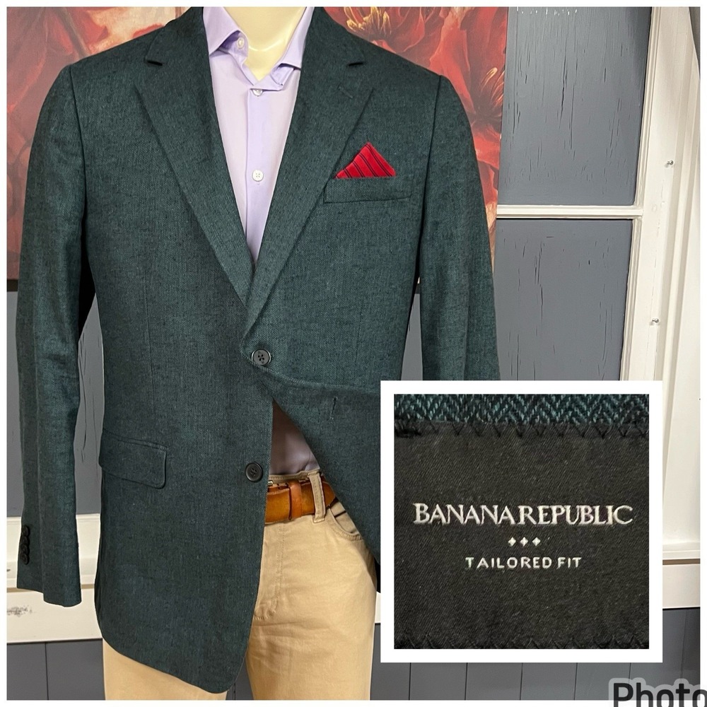Banana Republic Linen Cotton Stretch Blazer Mens 44R Tailored Fit Green/Black